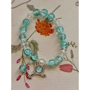 Teal Crackle Glass Beaded Stretch Bracelet Silver Star Wand Winged Key Charm